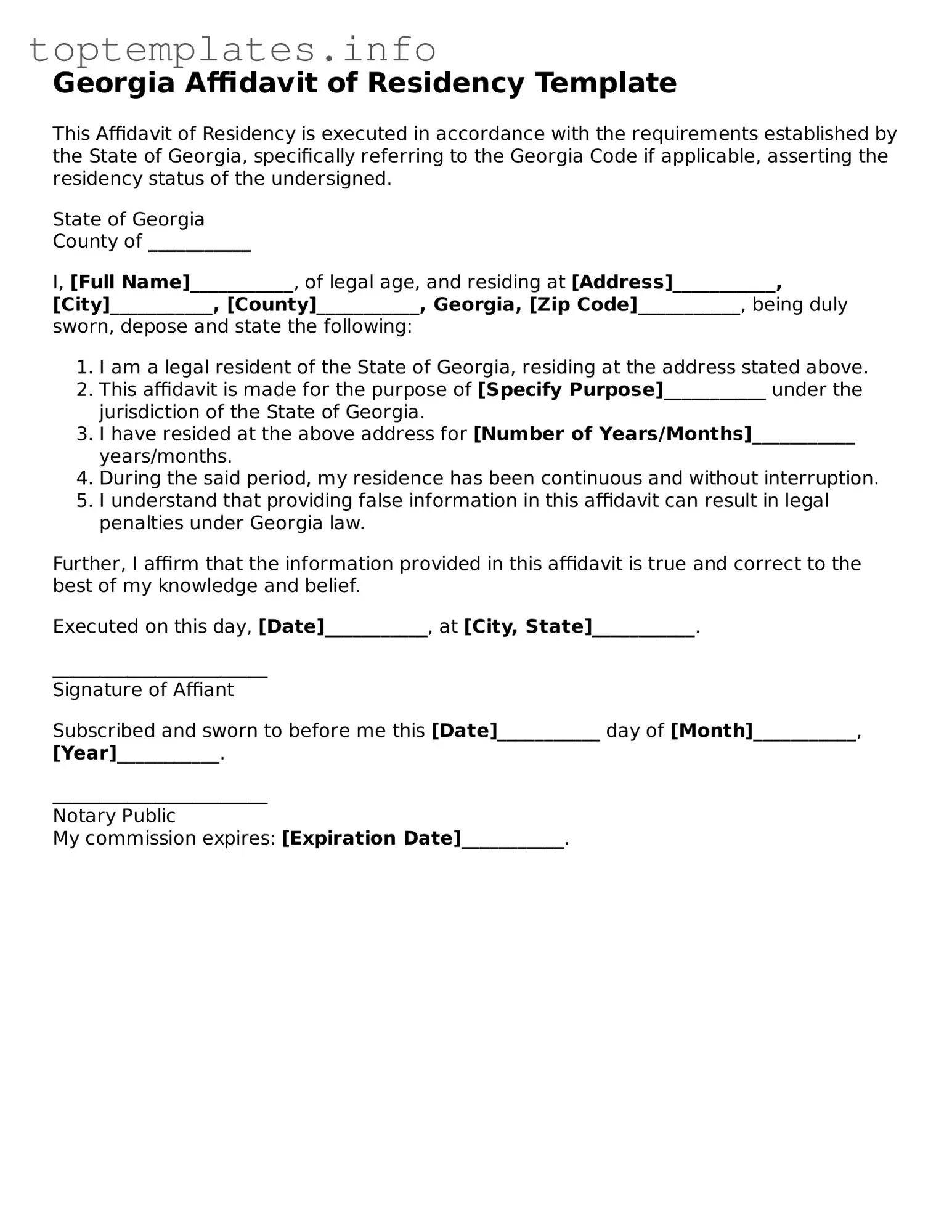 Printable Affidavit of Residency Document for the State of Georgia