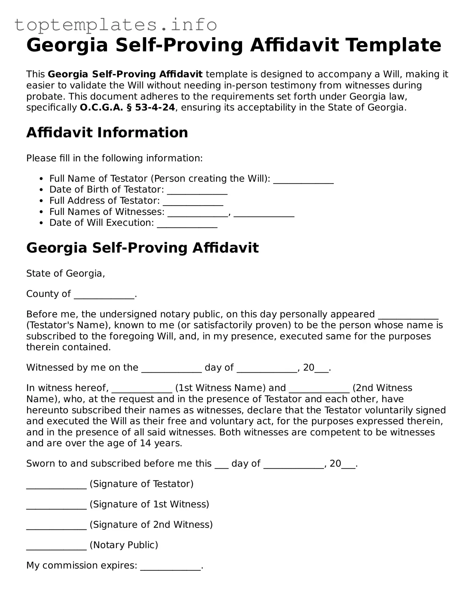 Printable Self-Proving Affidavit Document for the State of Georgia
