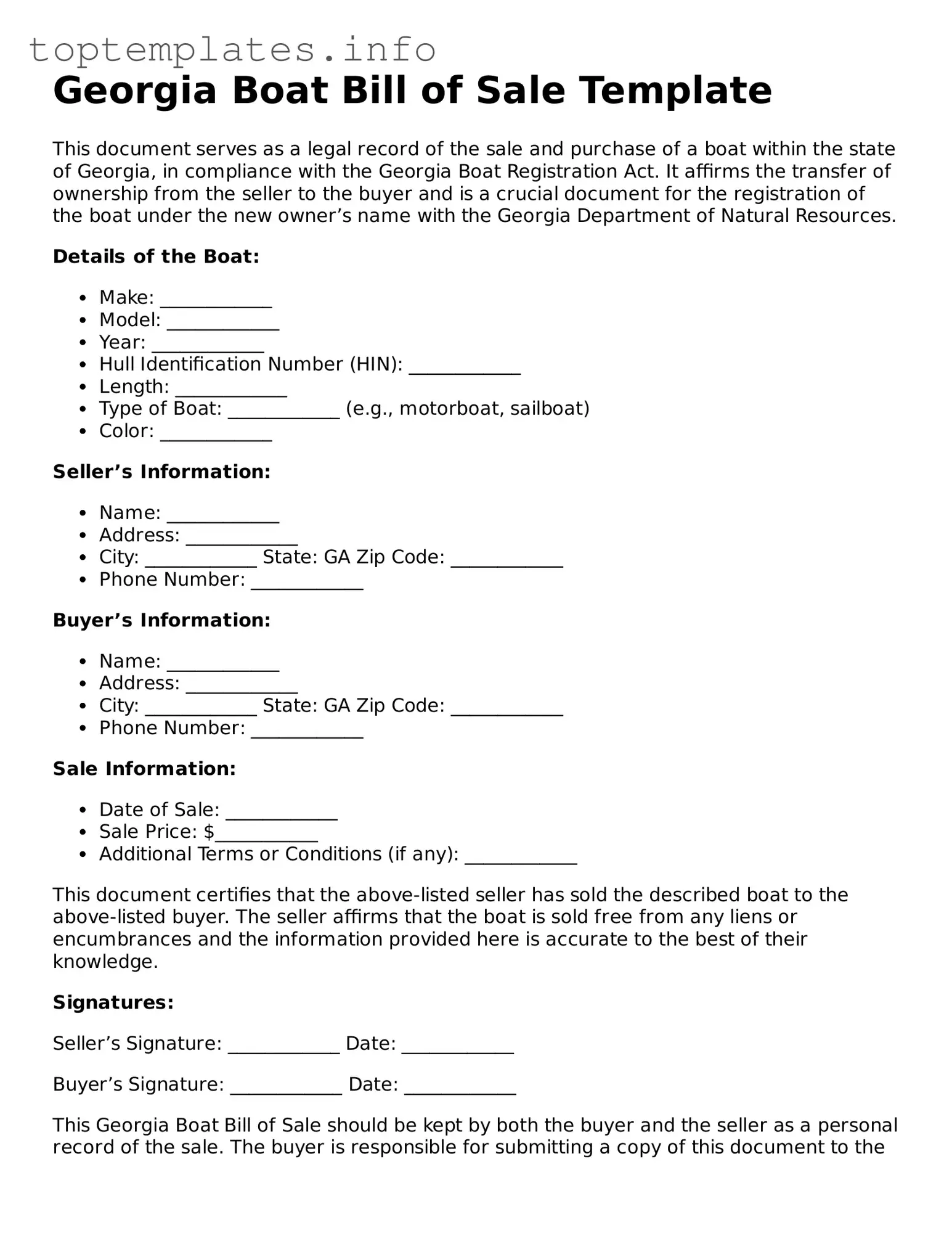 Printable Boat Bill of Sale Document for the State of Georgia