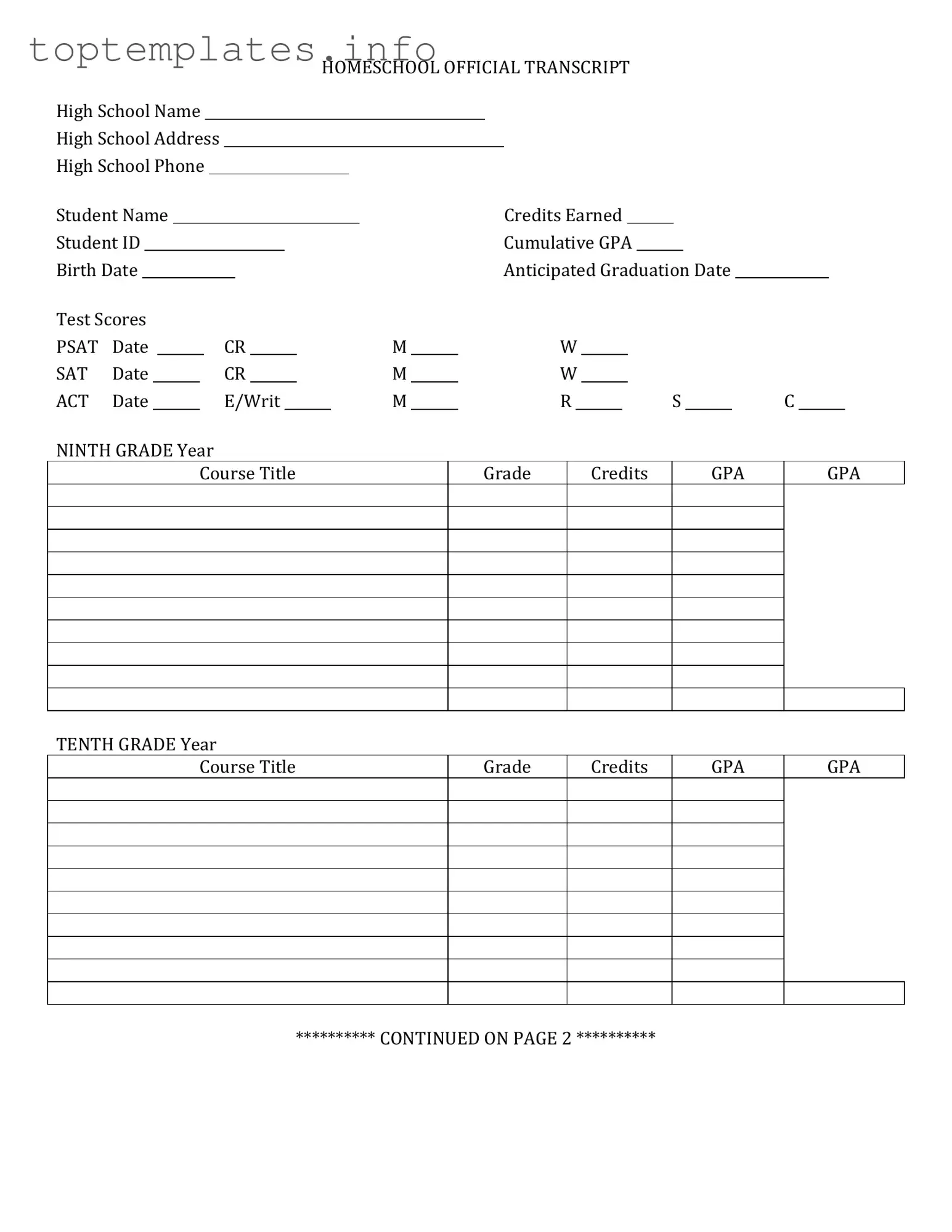 Fill in Your High School Transcript Form