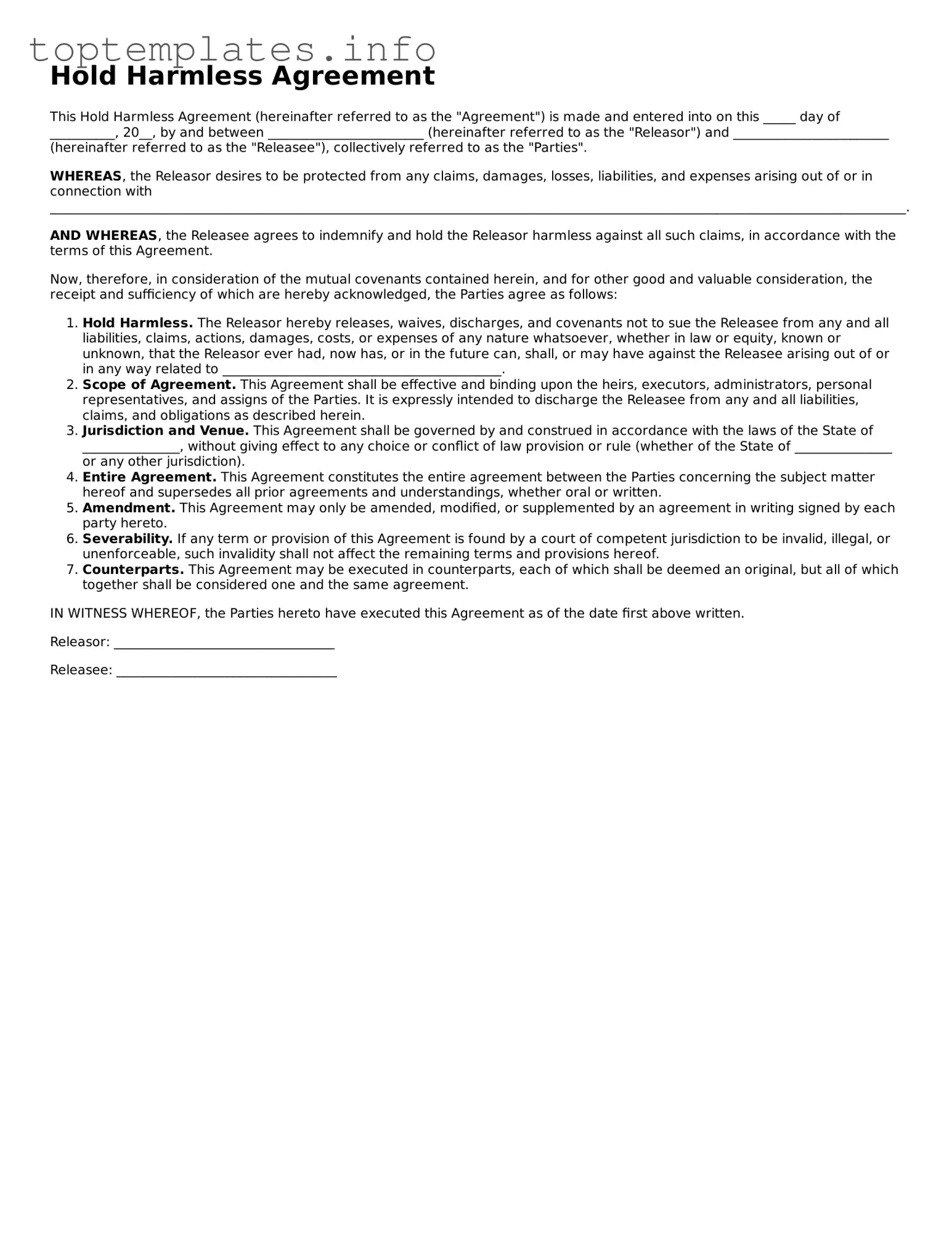 Attorney-Approved Hold Harmless Agreement Template