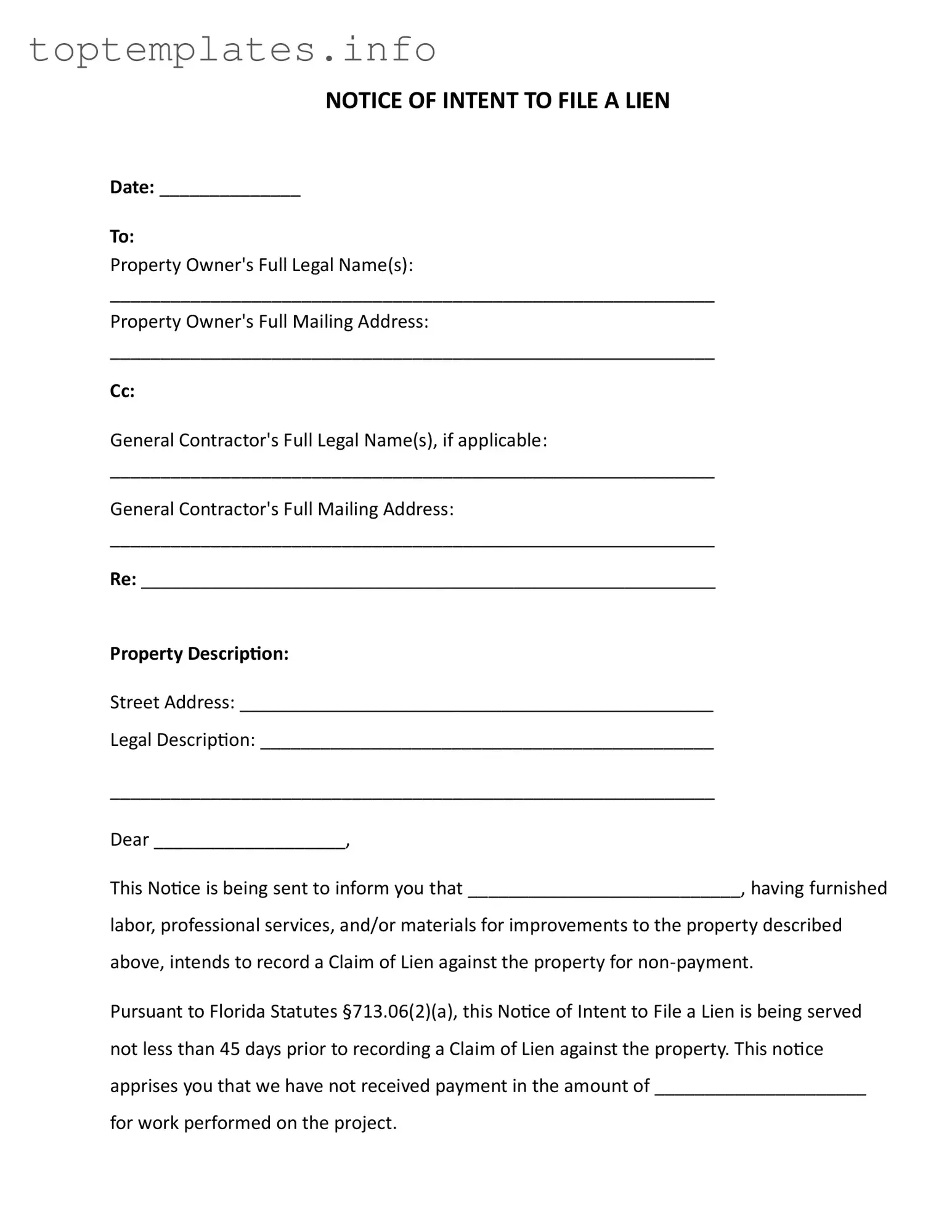 Fill in Your Intent To Lien Florida Form