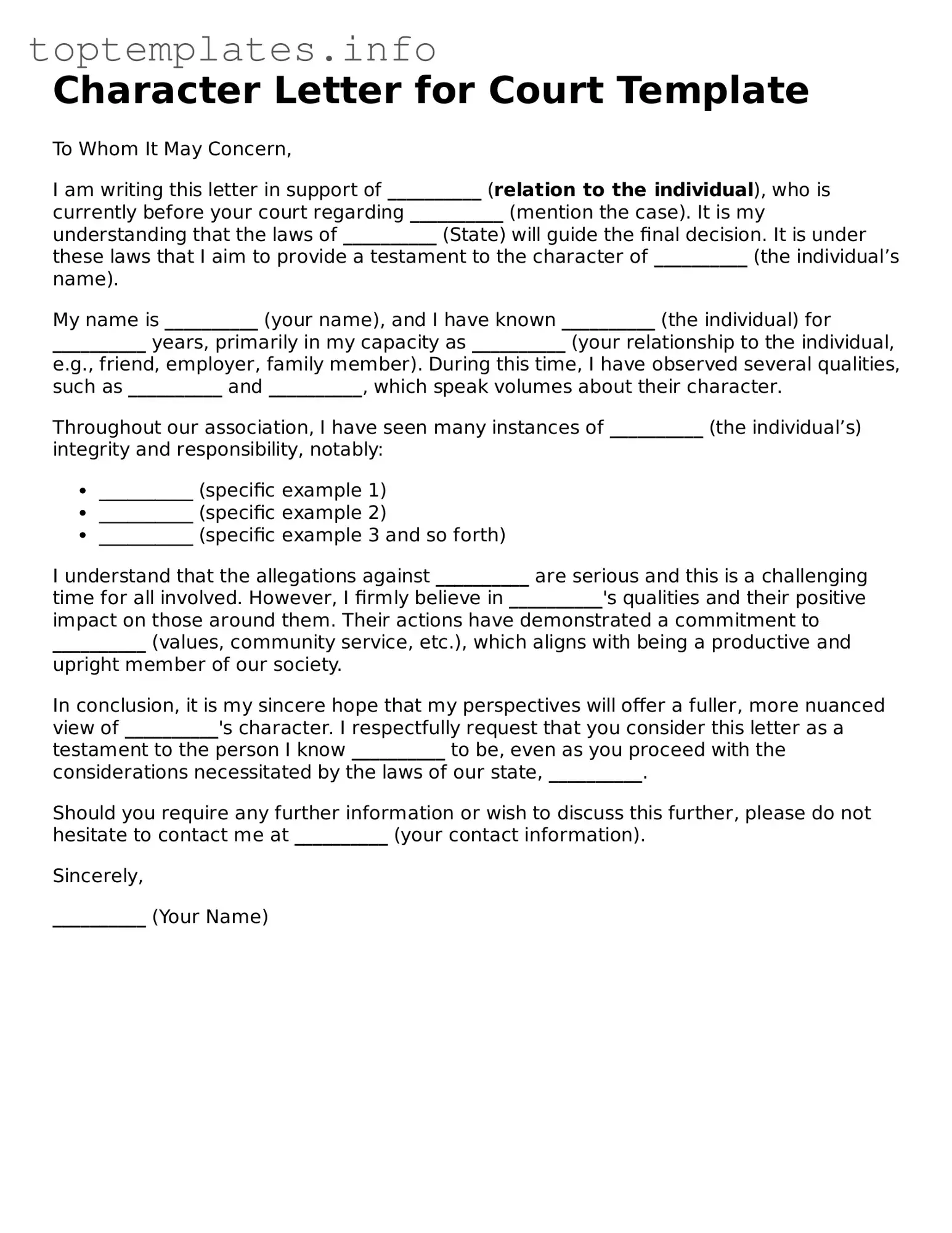 Attorney-Approved Character Letter for Court Template