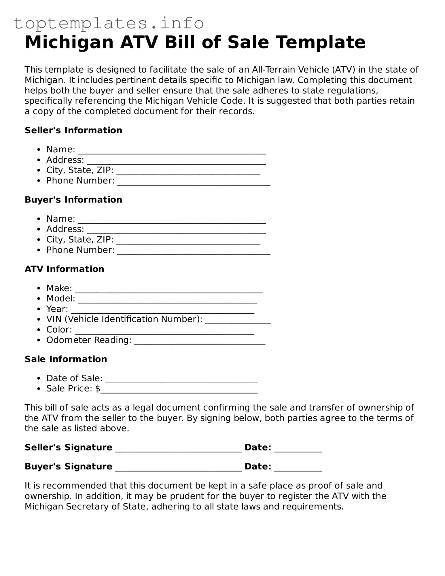 Printable ATV Bill of Sale Document for the State of Michigan