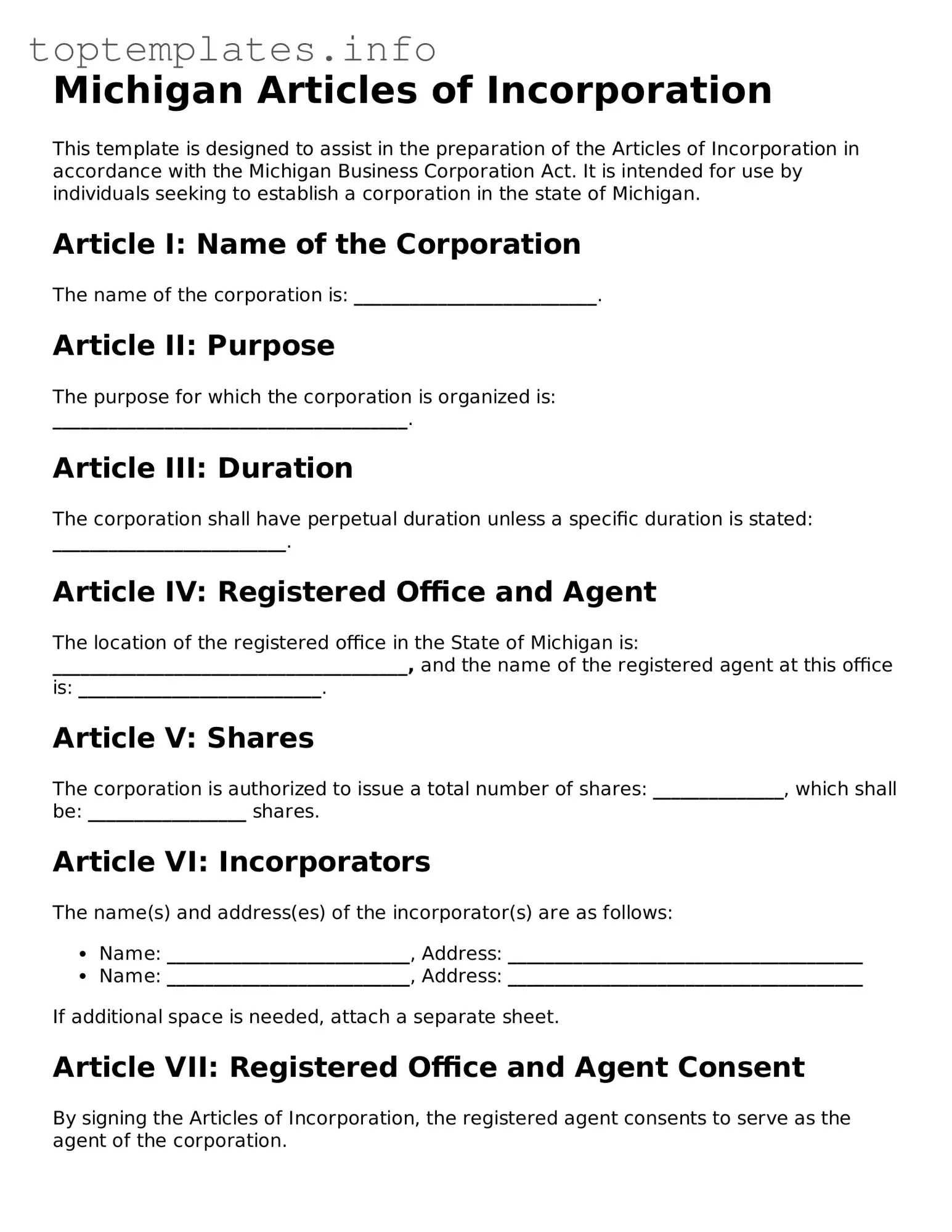 Printable Articles of Incorporation Document for the State of Michigan