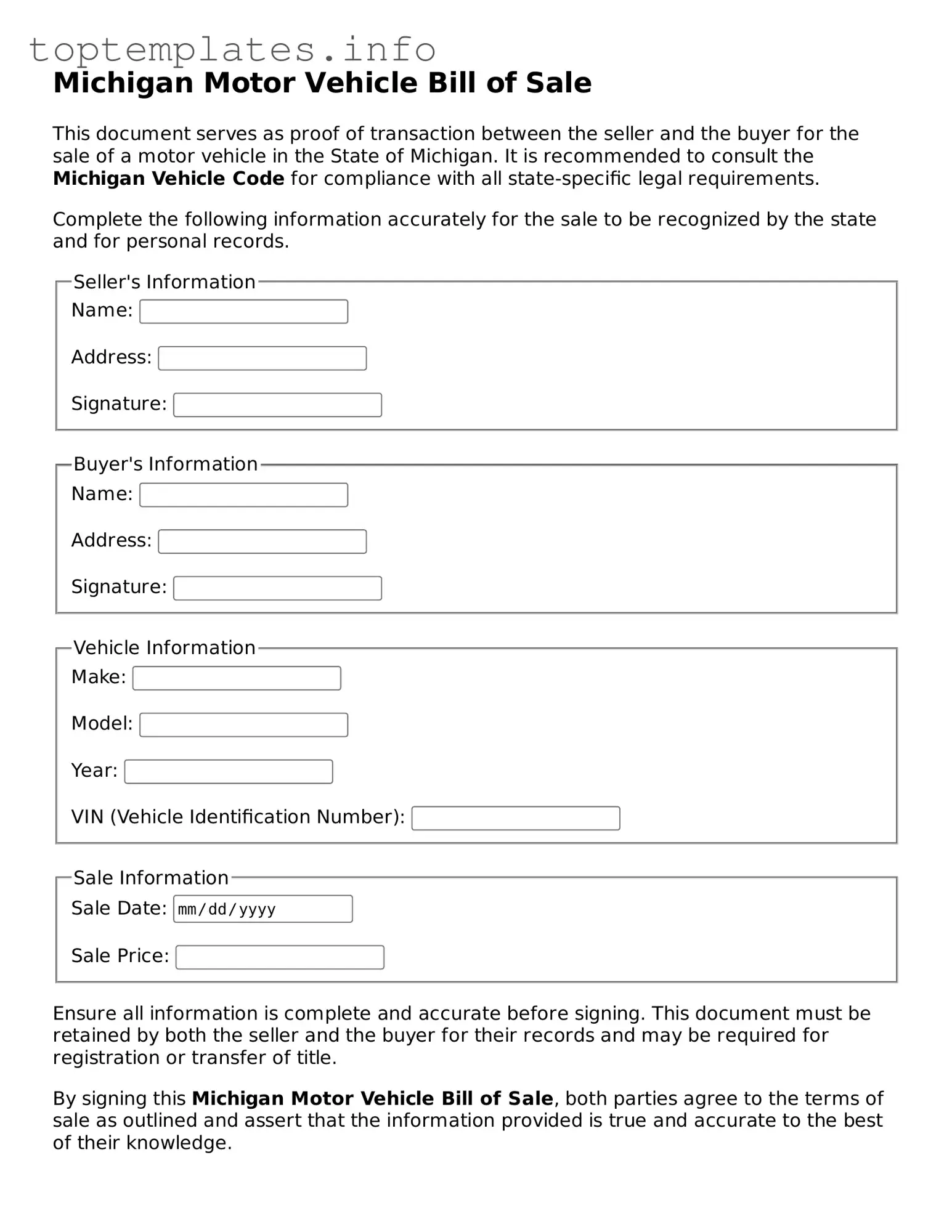 Printable Motor Vehicle Bill of Sale Document for the State of Michigan