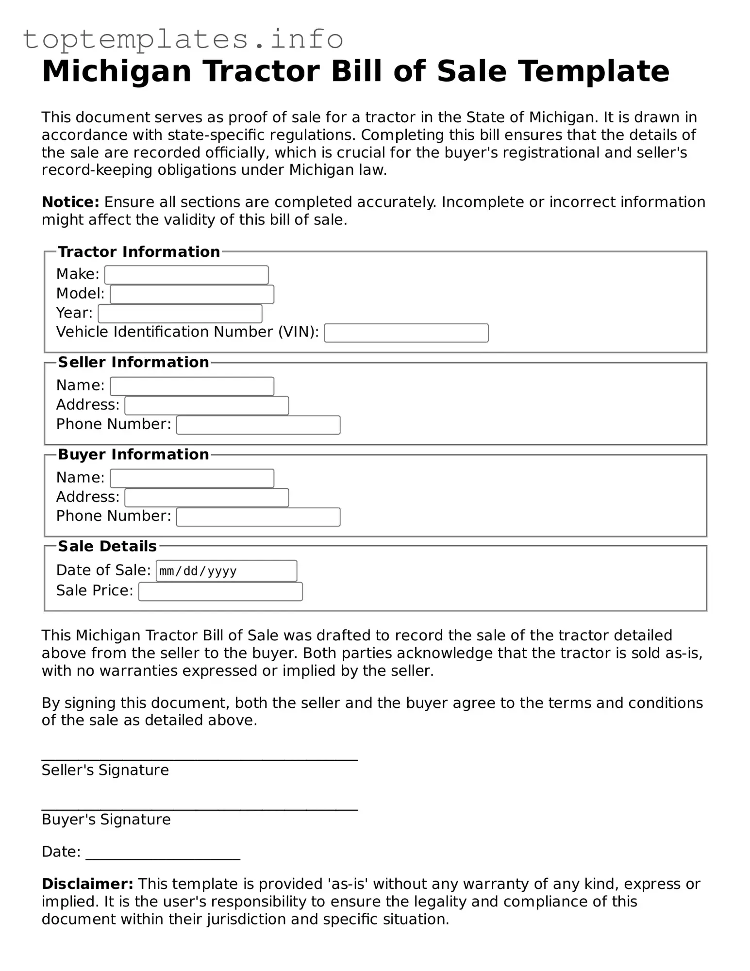 Printable Tractor Bill of Sale Document for the State of Michigan
