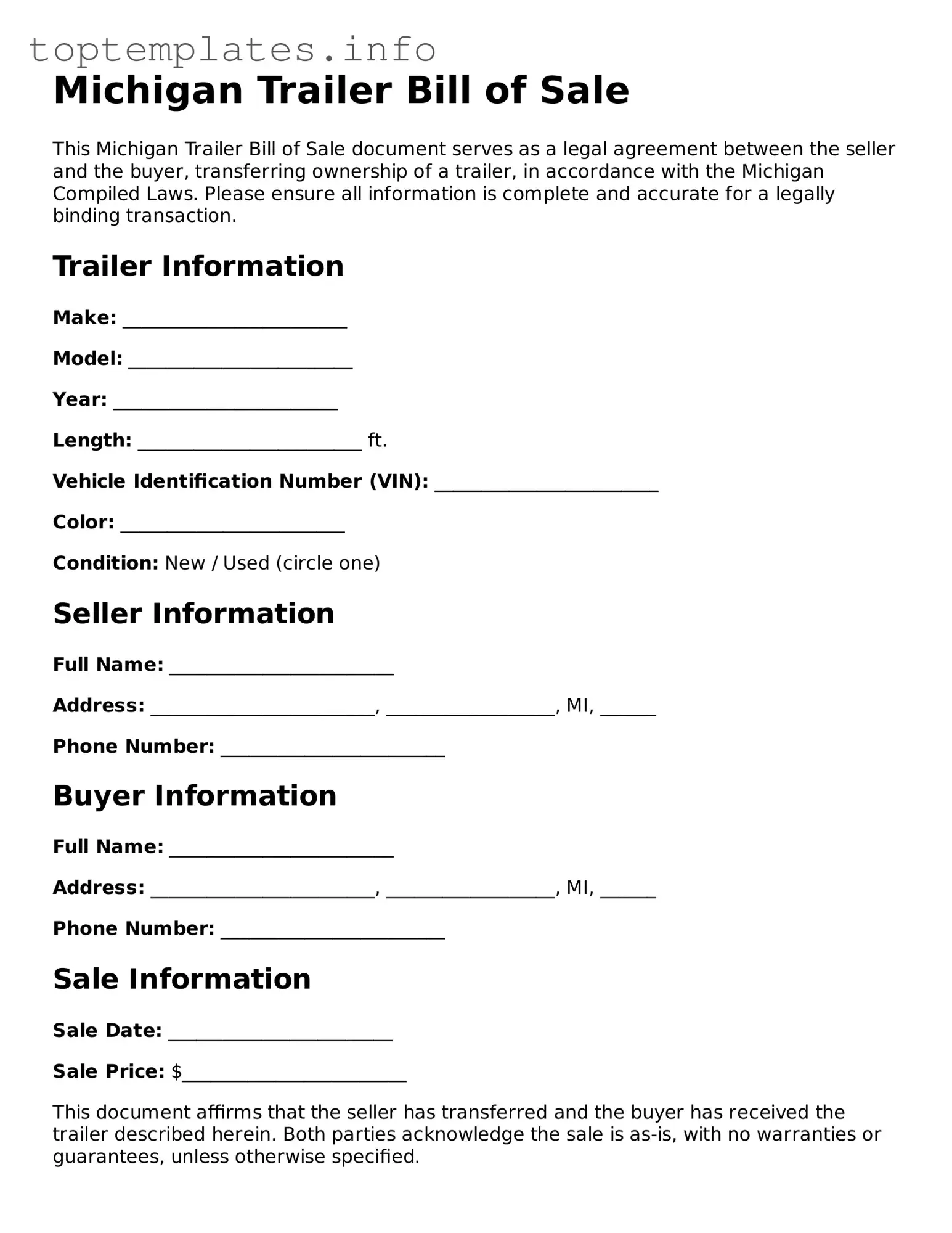 Printable Trailer Bill of Sale Document for the State of Michigan