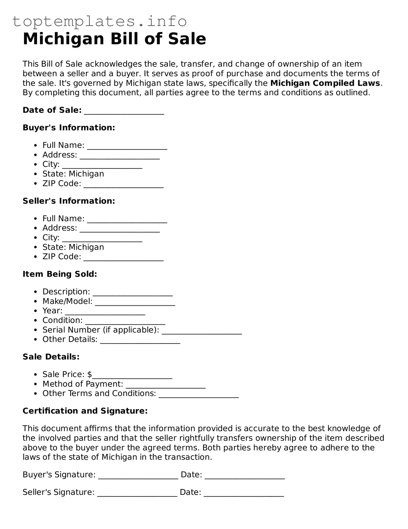 Printable Bill of Sale Document for the State of Michigan