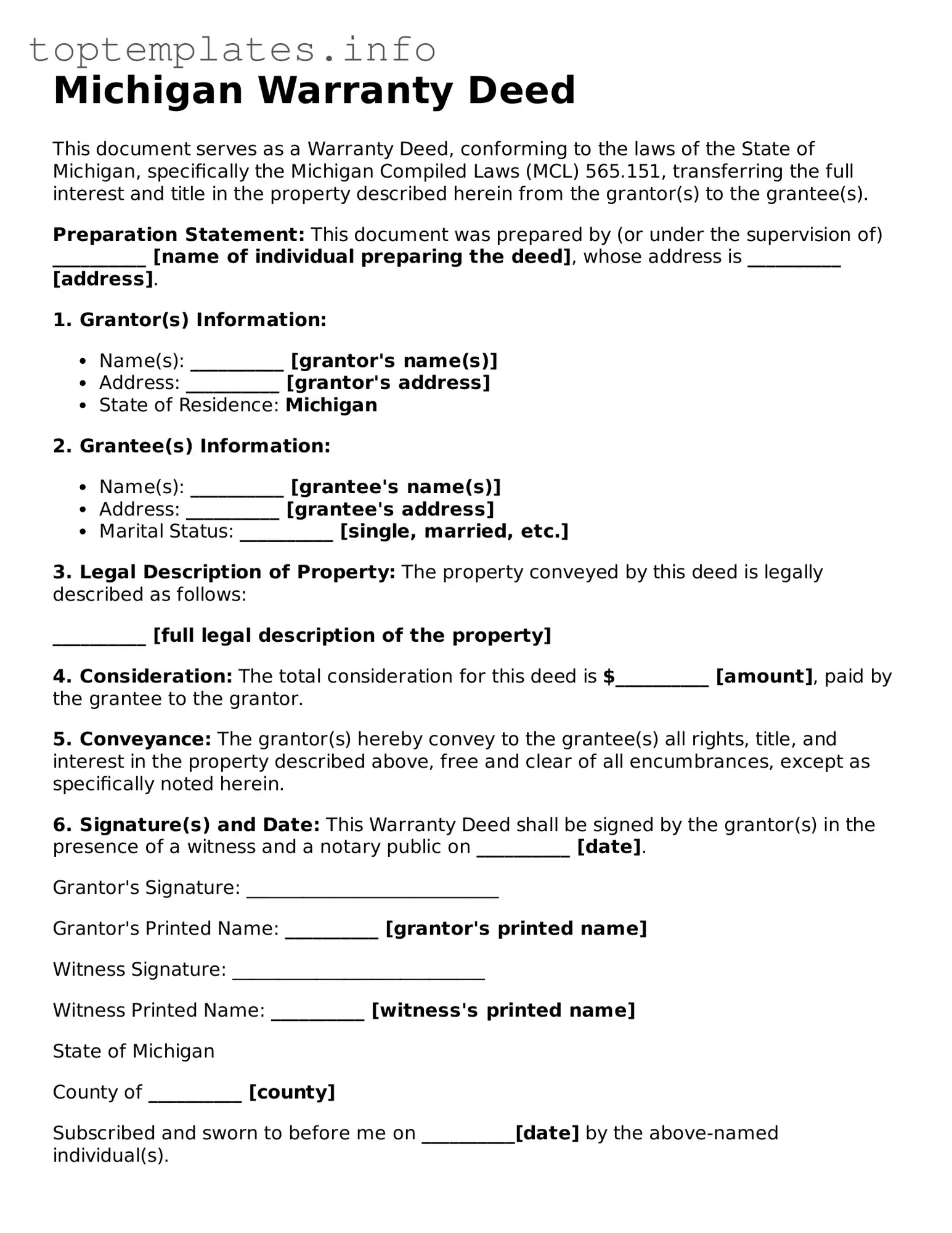 Printable Deed Document for the State of Michigan