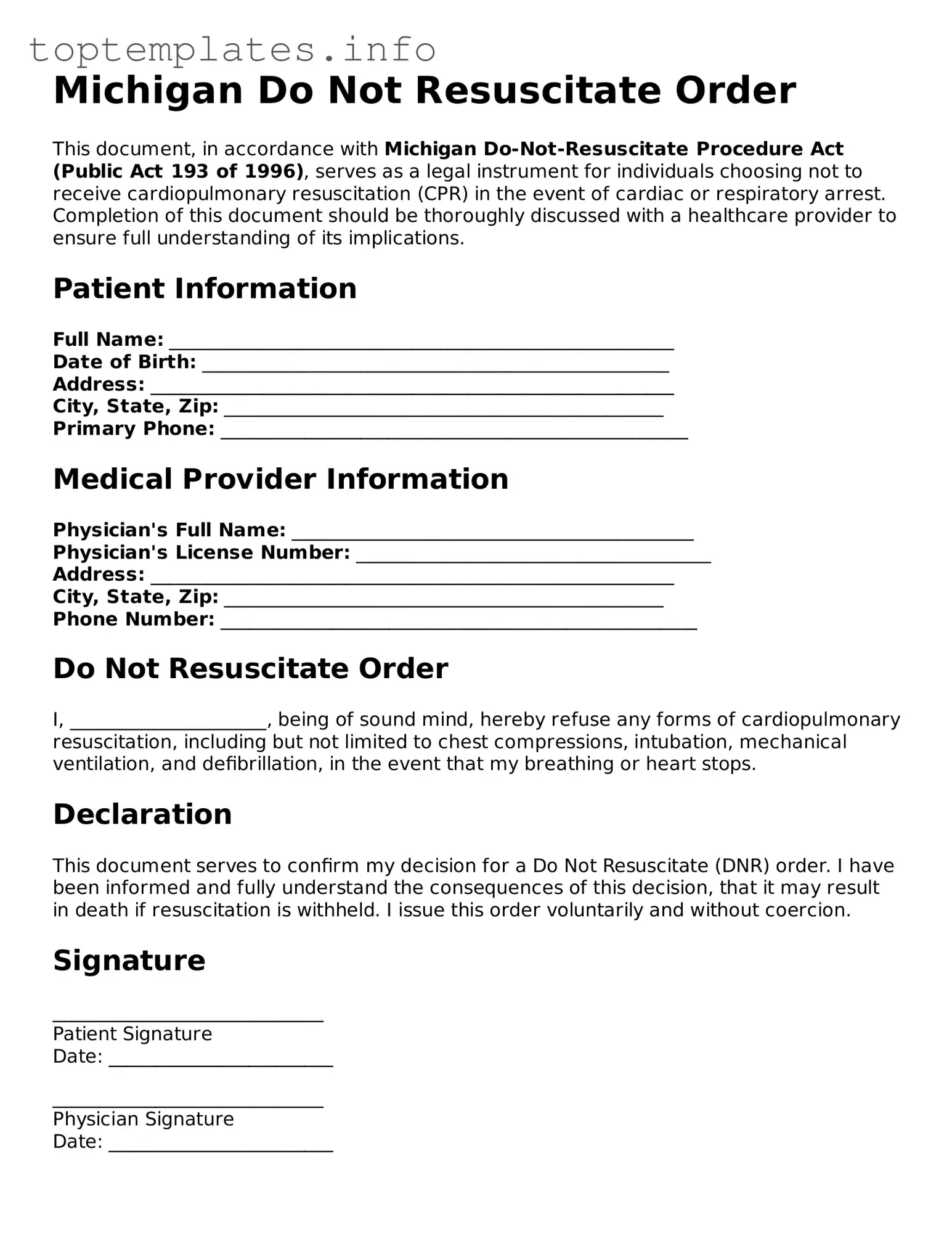 Printable Do Not Resuscitate Order Document for the State of Michigan