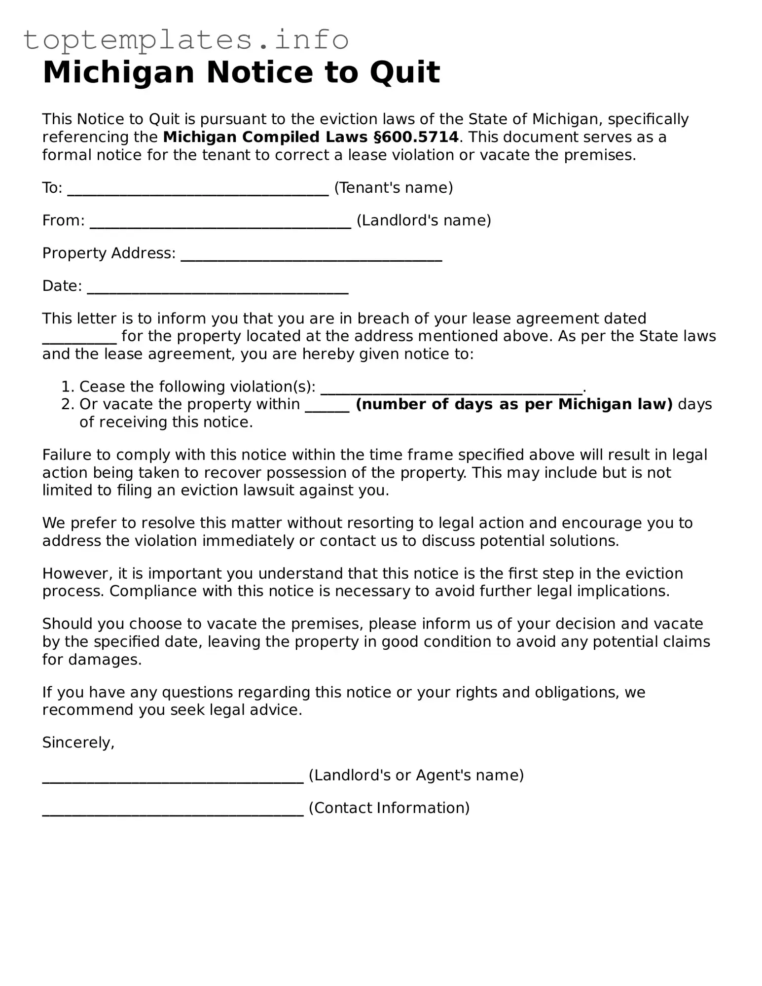 Printable Notice to Quit Document for the State of Michigan
