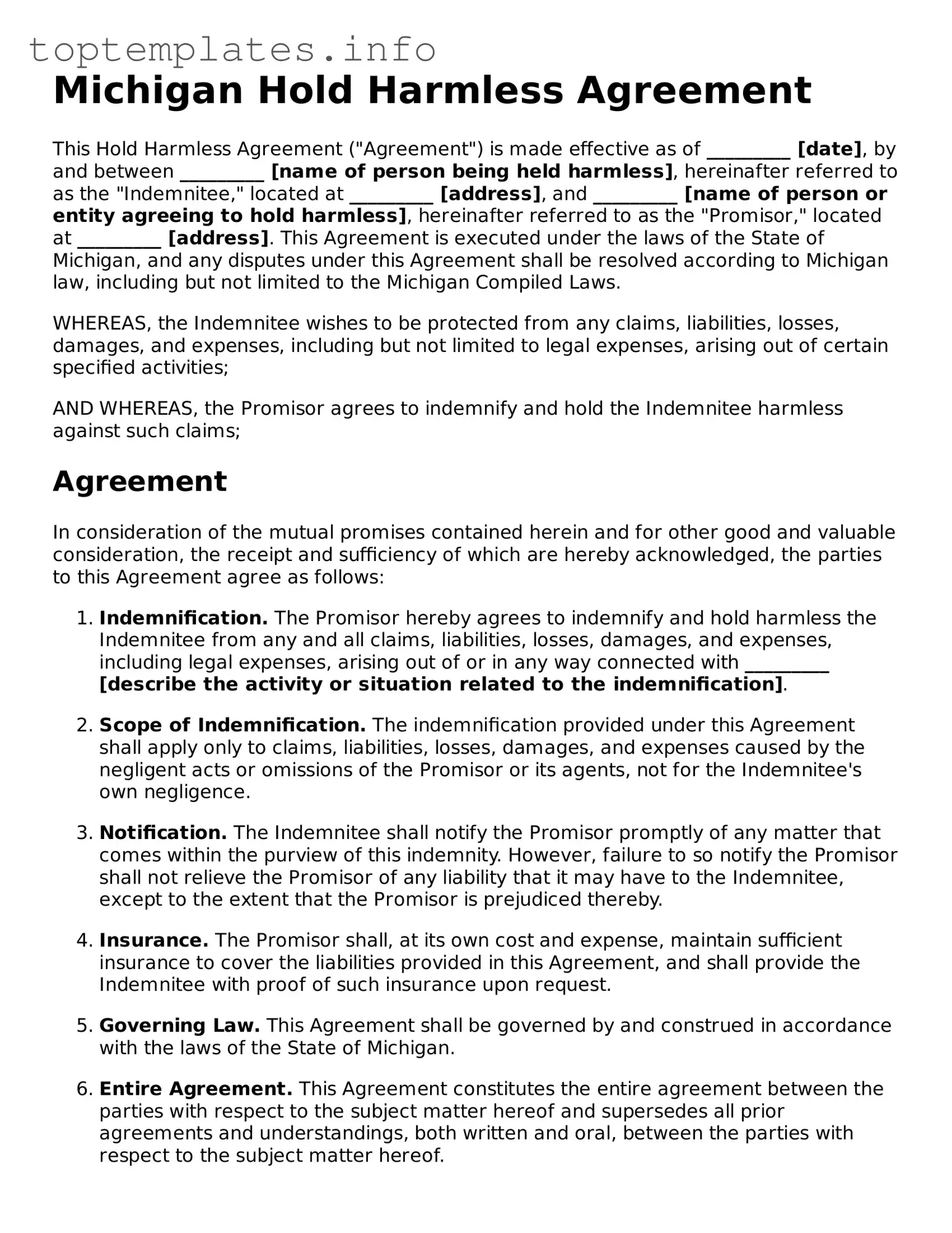 Printable Hold Harmless Agreement Document for the State of Michigan