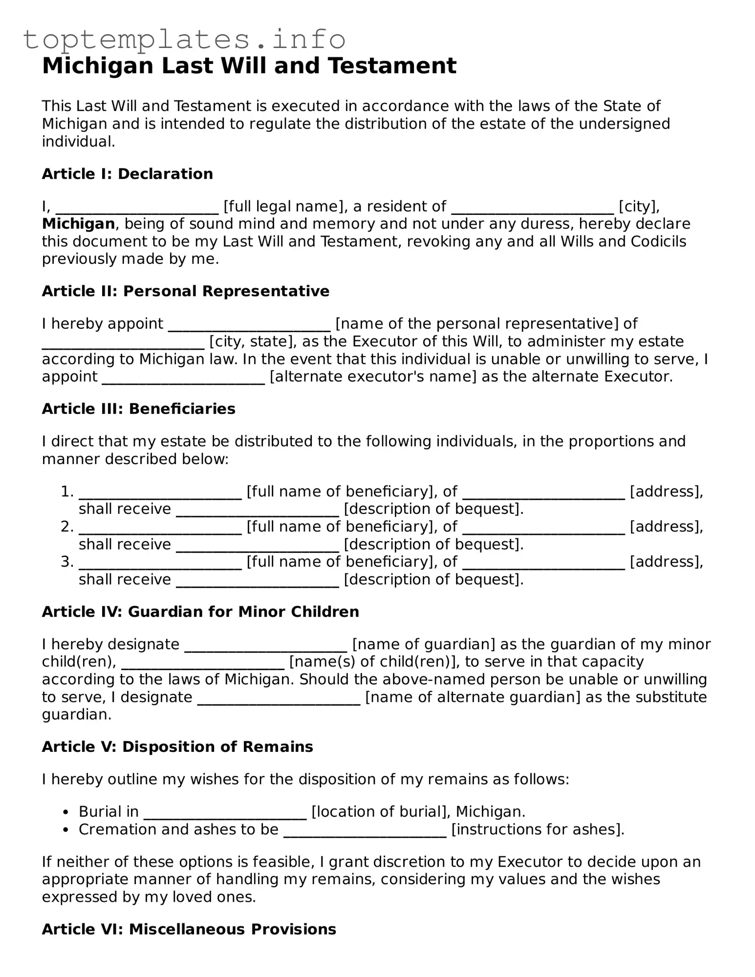 Printable Last Will and Testament Document for the State of Michigan