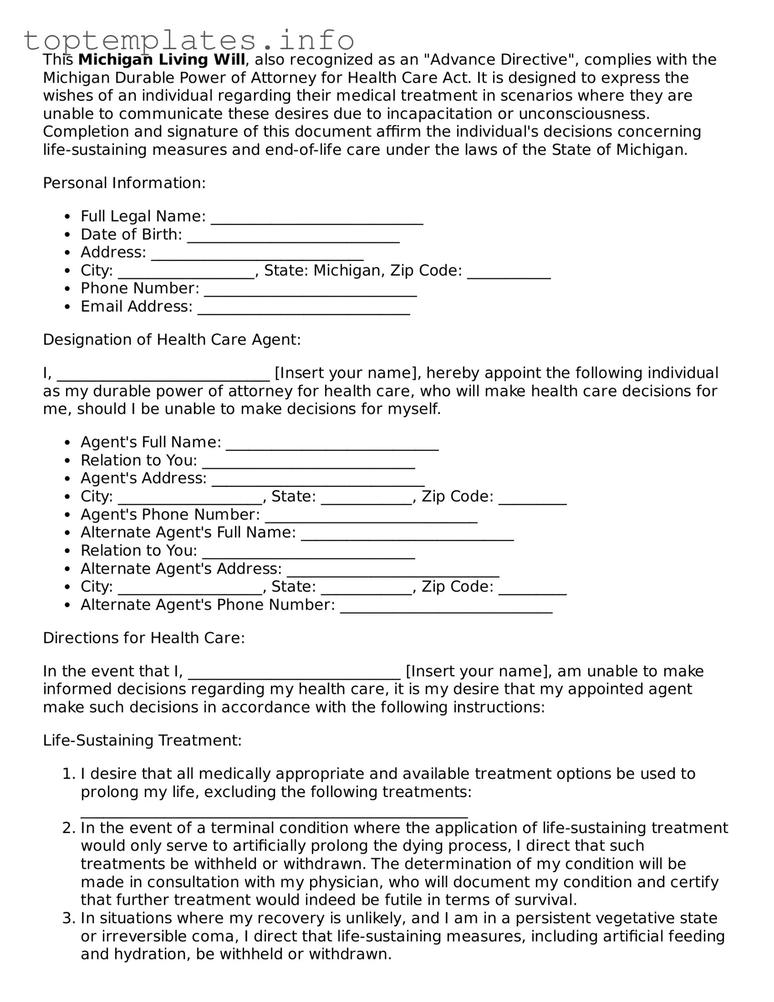 Printable Living Will Document for the State of Michigan