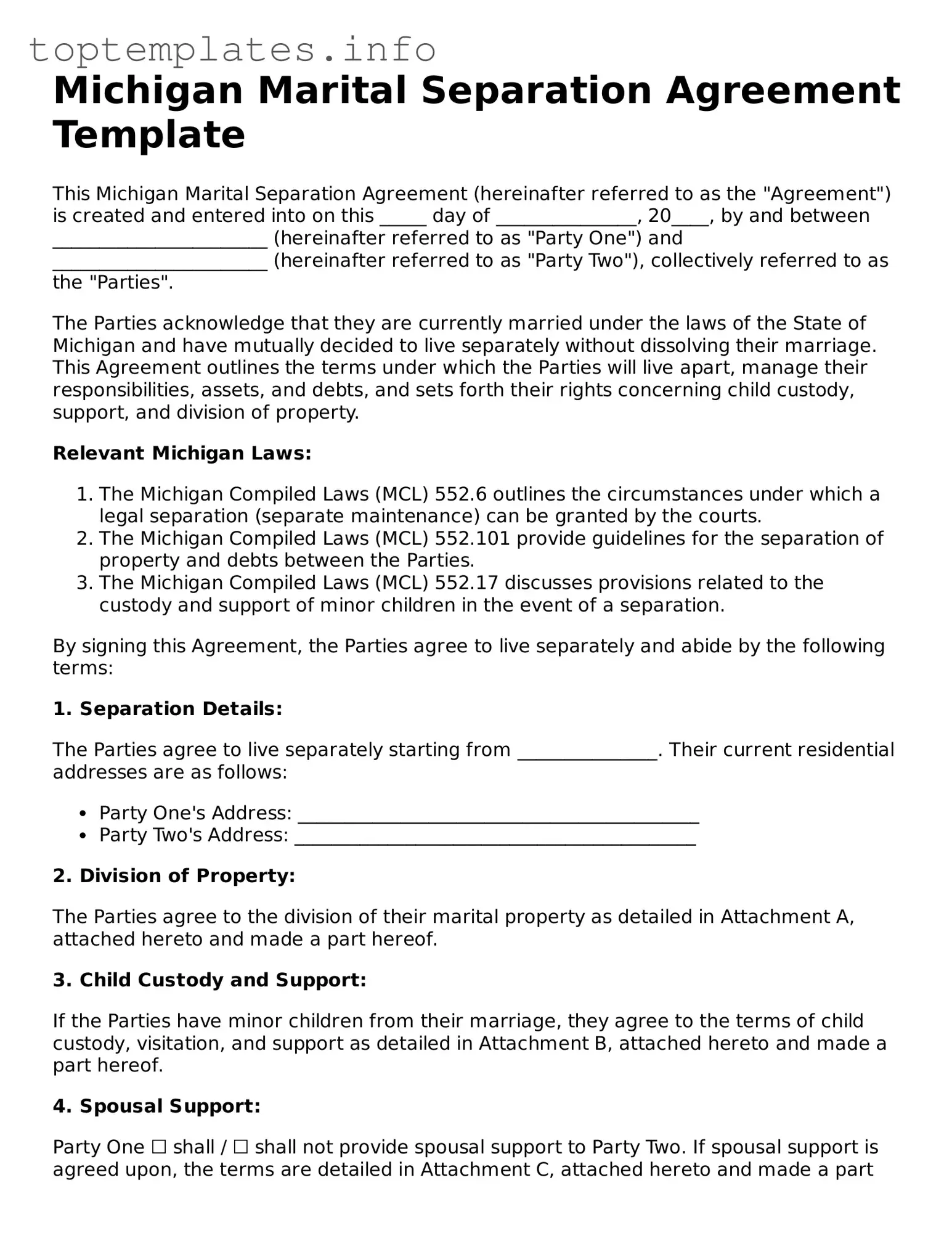 Printable Marital Separation Agreement Document for the State of Michigan