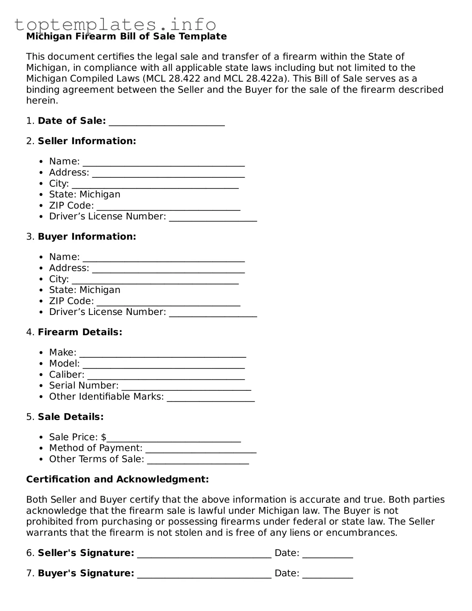 Printable Firearm Bill of Sale Document for the State of Michigan