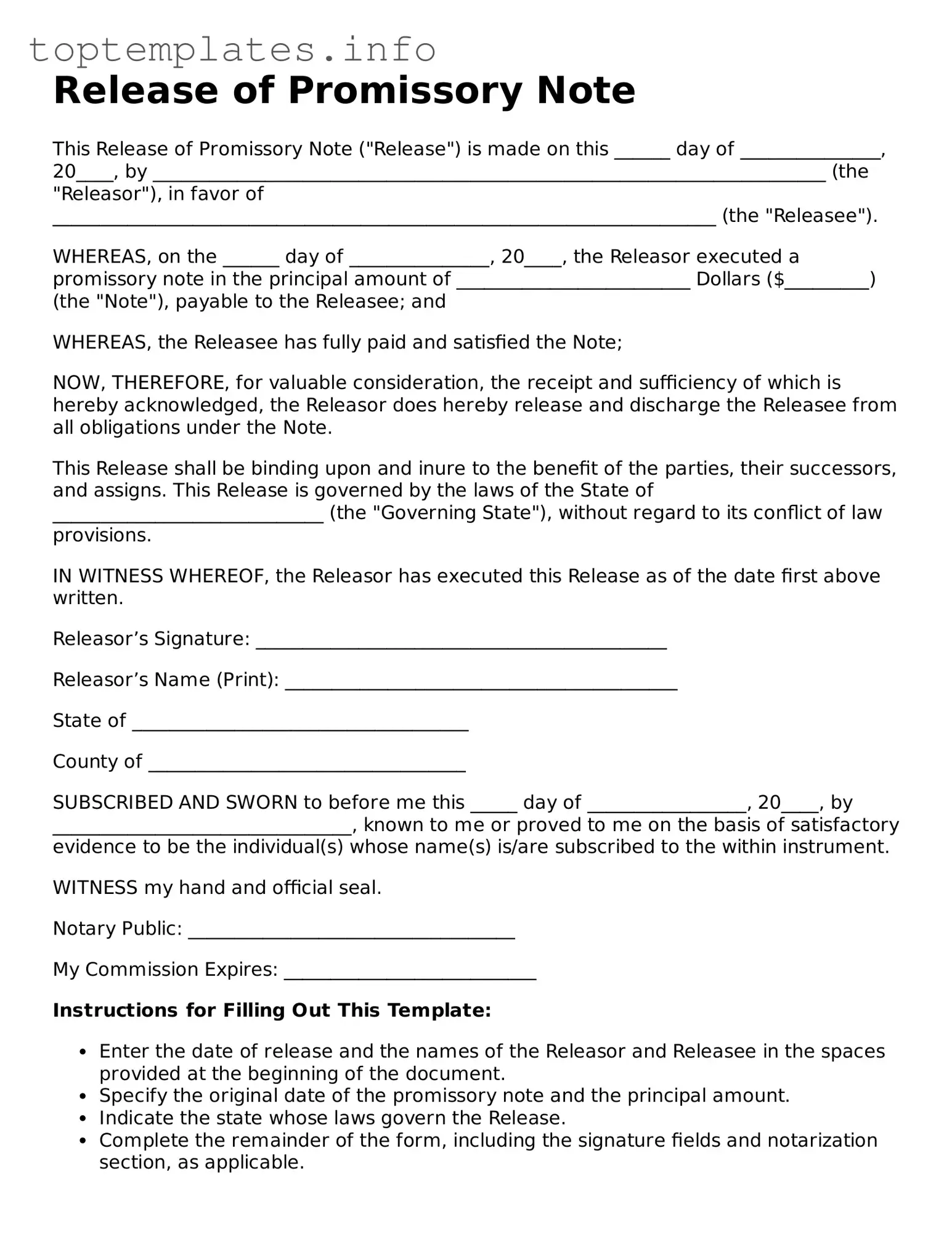 Attorney-Approved Release of Promissory Note Template