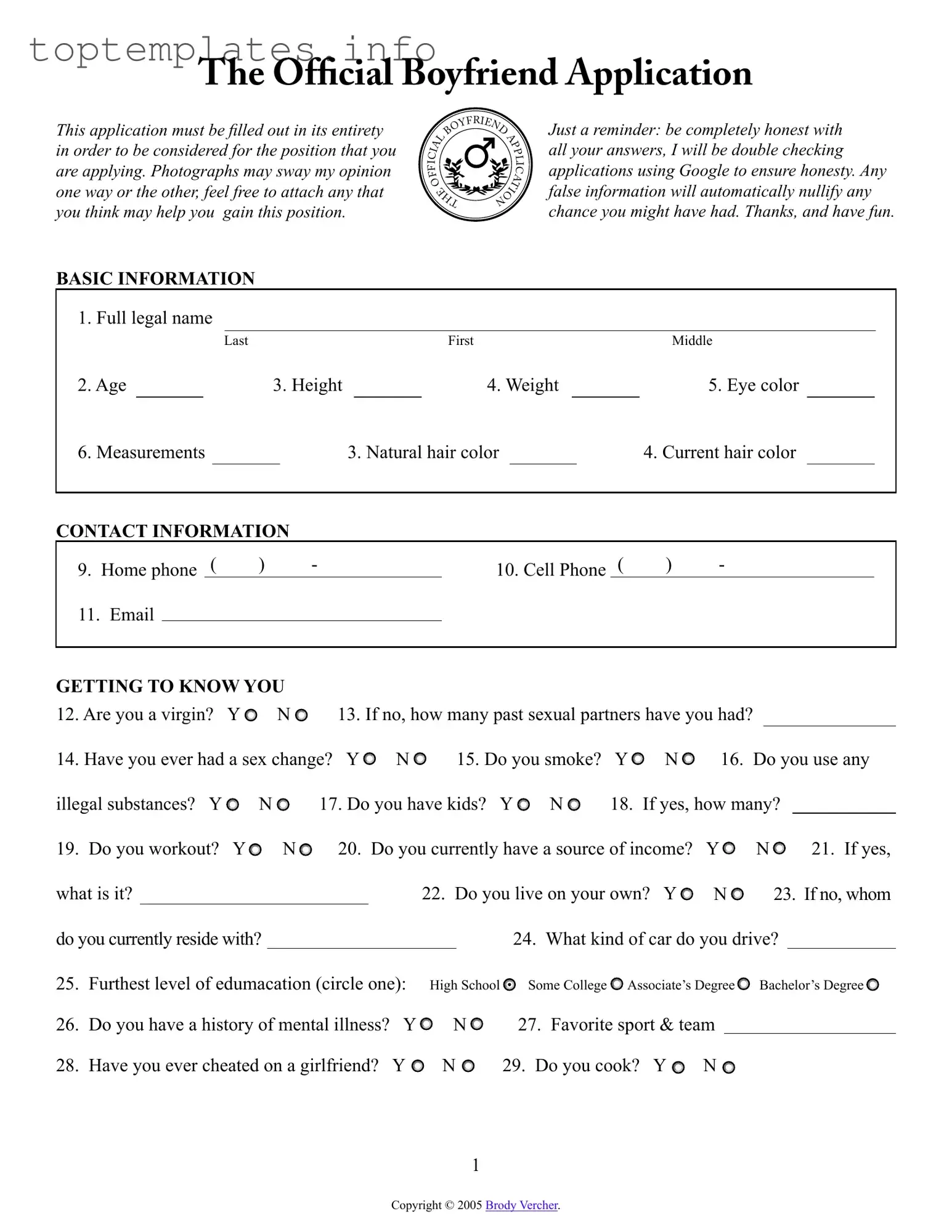 Fill in Your Boyfriend application form Form