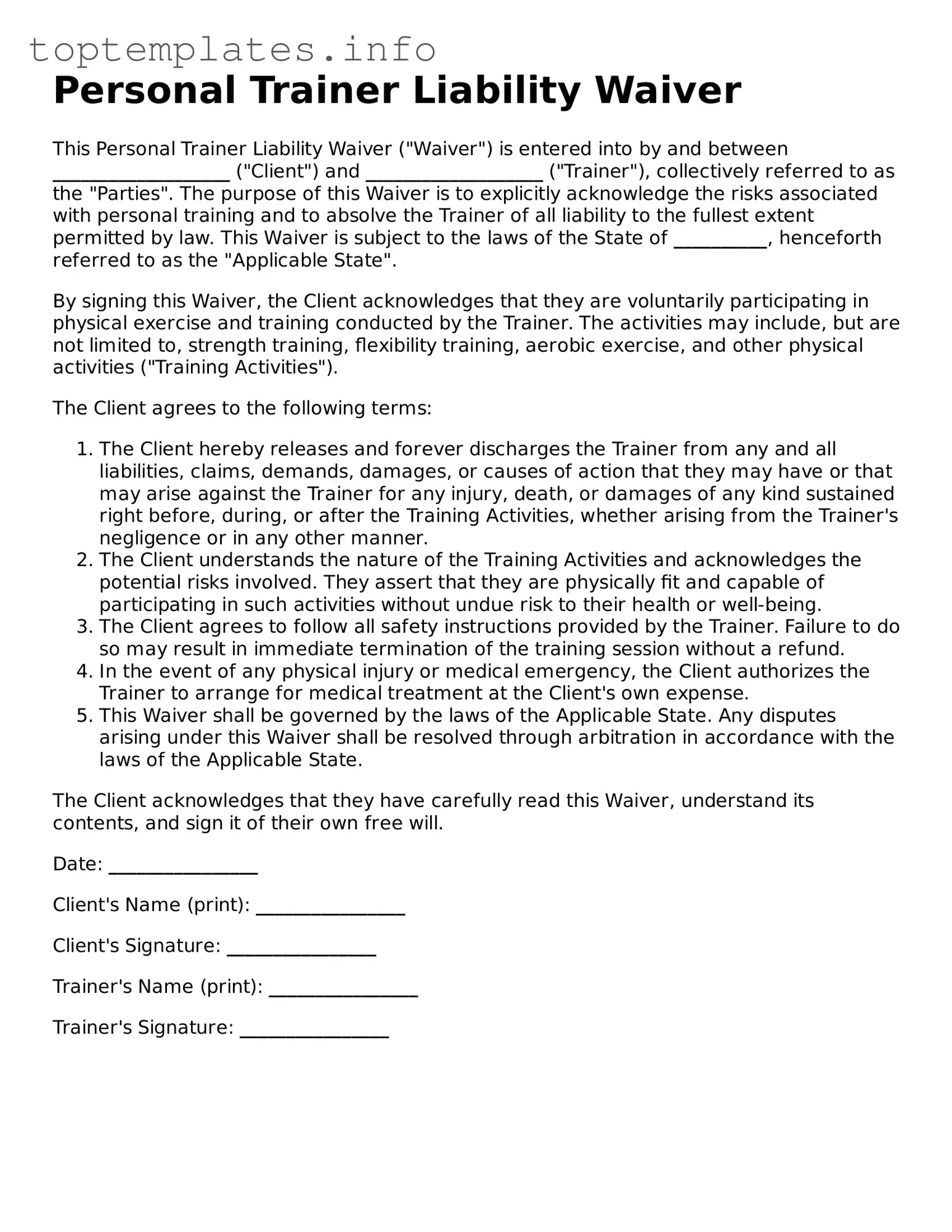 Attorney-Approved Personal Trainer Liability Waiver Template