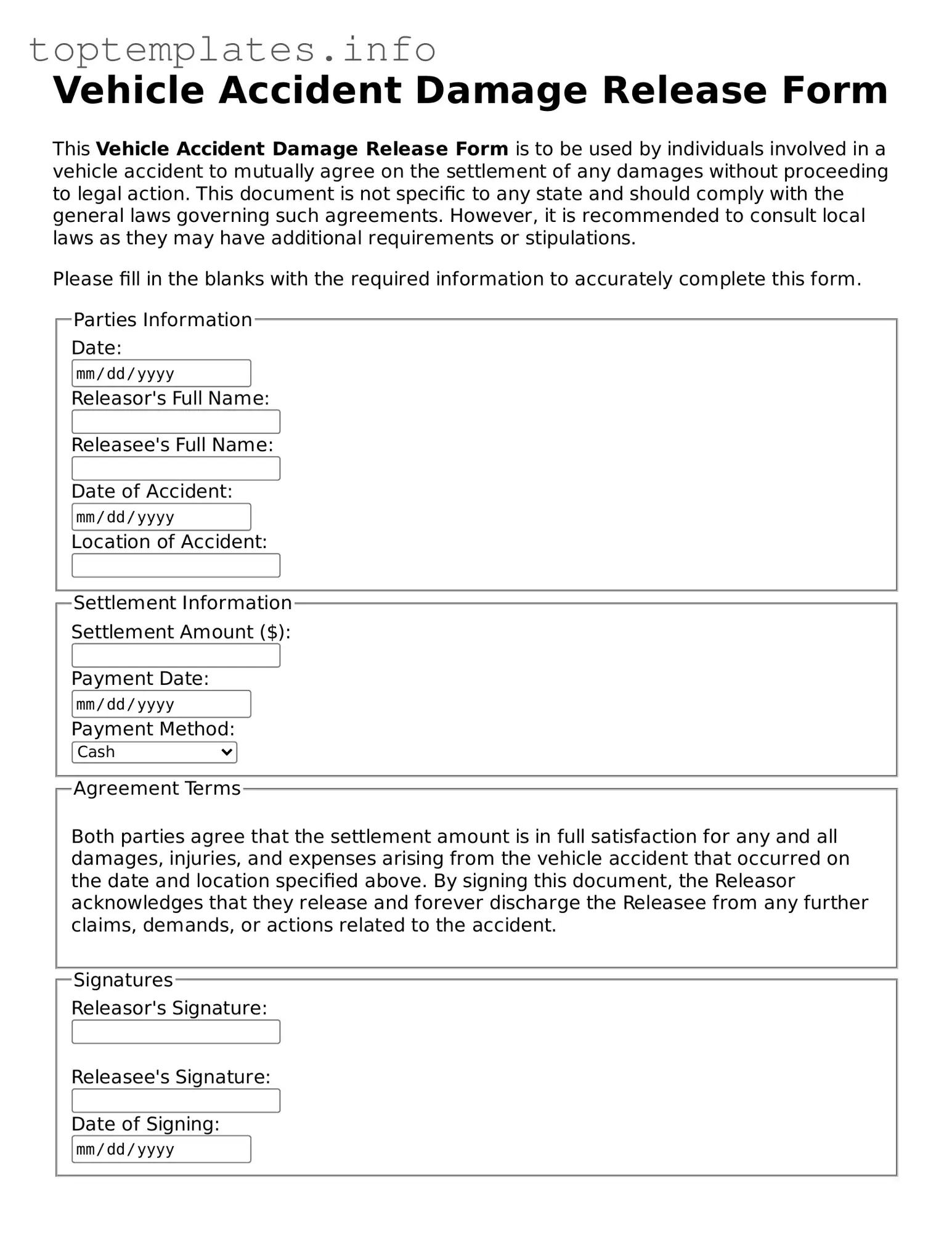 Attorney-Approved Vehicle Accident Damage Release Template