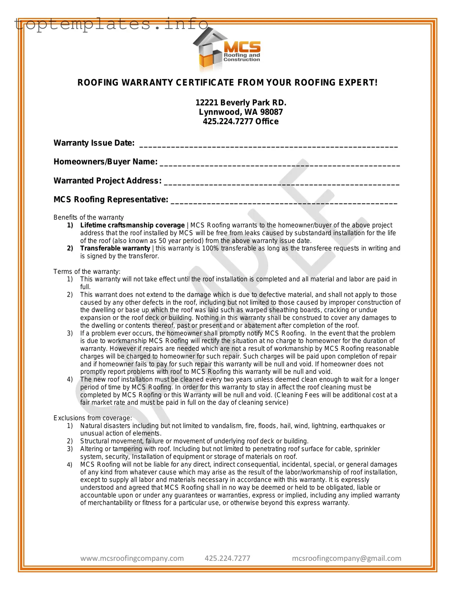 Fill in Your Roofing Warranty Certificate Form