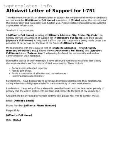 Attorney-Approved Affidavit Letter of Support for I-751 Template