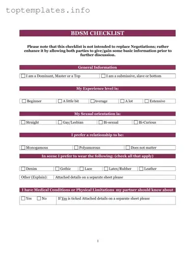 Fill in Your Bdsm Checklist Form
