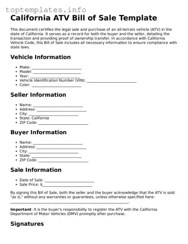 Printable ATV Bill of Sale Document for the State of California