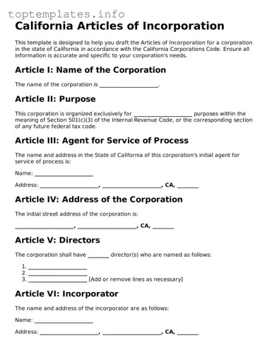 Printable Articles of Incorporation Document for the State of California