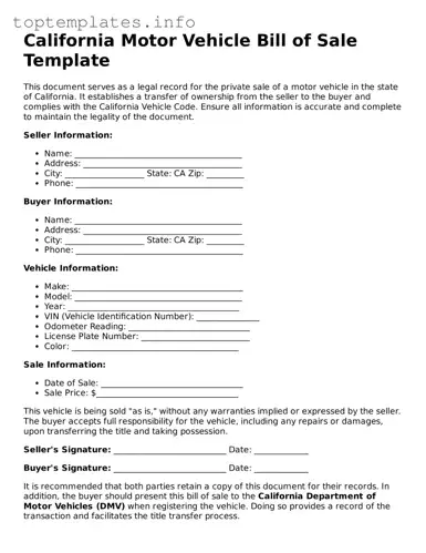 Printable Motor Vehicle Bill of Sale Document for the State of California