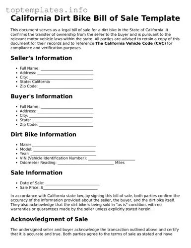Printable Dirt Bike Bill of Sale Document for the State of California