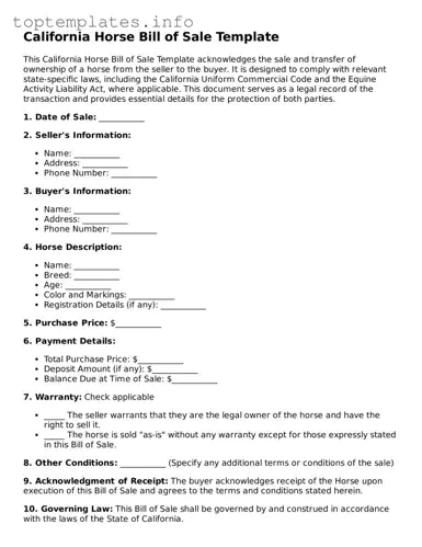 Printable Horse Bill of Sale Document for the State of California
