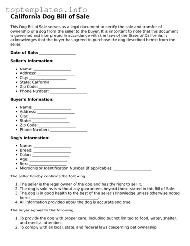 Printable Dog Bill of Sale Document for the State of California
