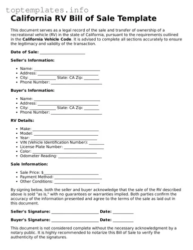 Printable RV Bill of Sale Document for the State of California
