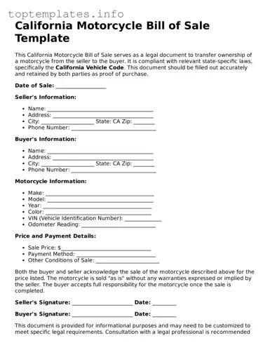Printable Motorcycle Bill of Sale Document for the State of California