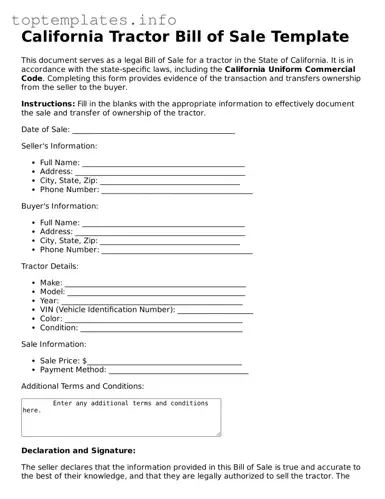 Printable Tractor Bill of Sale Document for the State of California
