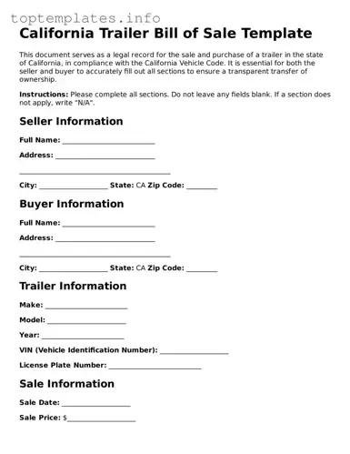 Printable Trailer Bill of Sale Document for the State of California