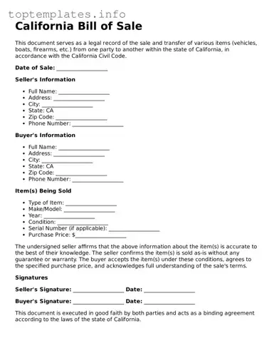 Printable Bill of Sale Document for the State of California