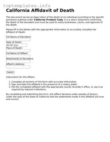 Printable Affidavit of Death Document for the State of California