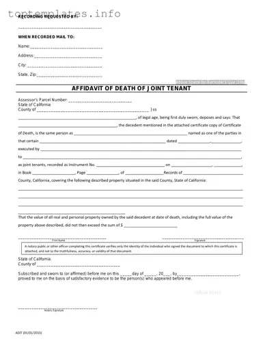Fill in Your California Death of a Joint Tenant Affidavit Form