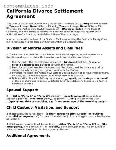 Printable Divorce Settlement Agreement Document for the State of California