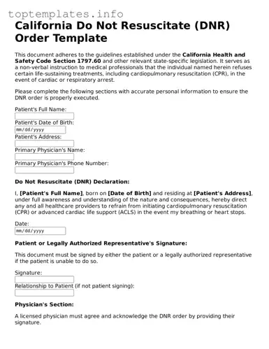 Printable Do Not Resuscitate Order Document for the State of California