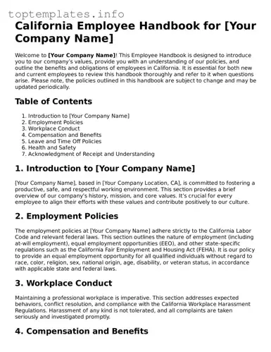 Printable Employee Handbook Document for the State of California