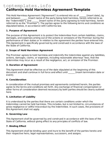 Printable Hold Harmless Agreement Document for the State of California