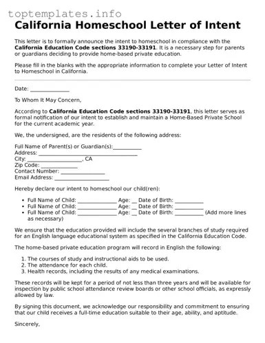 Printable Homeschool Letter of Intent Document for the State of California