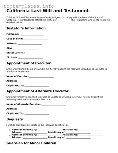 Printable Last Will and Testament Document for the State of California