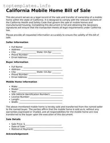Printable Mobile Home Bill of Sale Document for the State of California