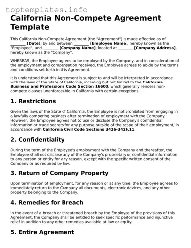 Printable Non-compete Agreement Document for the State of California