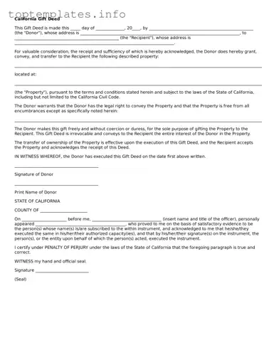 Printable Gift Deed Document for the State of California